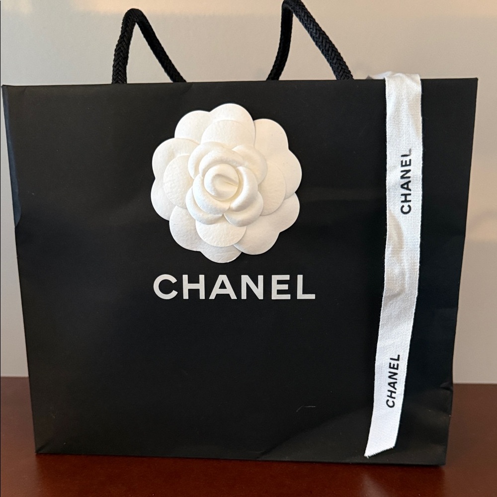 Chanel Black Shopping Bag with White Camellia and Ribbon
